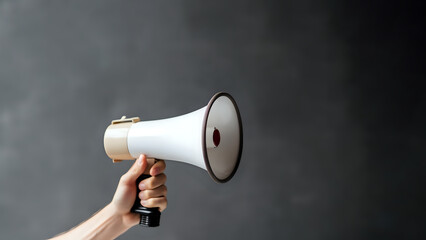 Hand Holding Megaphone on Subtle Background.
A hand holding a classic megaphone against a subtle grey background, a metaphor for communication, announcements, and marketing campaigns.