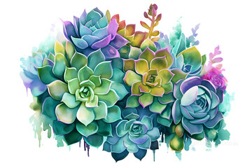 Whimsical Watercolor Succulents Arrangement.
A whimsical watercolor illustration of succulents with dripping paint details, isolated on white, ideal for art prints and botanical themed designs.