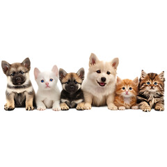 1️⃣ A row of cute puppies and kittens, isolated on white background, stock photo in the style of color photography by toned colors

