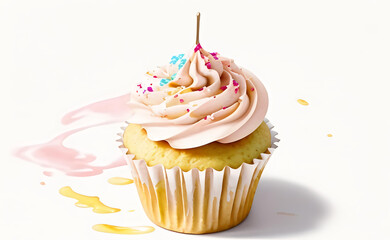 Delicious Pink Cupcake with Sprinkles.
A tempting pink frosted cupcake adorned with colorful sprinkles, creating a delightful scene, perfect for bakery promotions, birthday cards, or recipe websites, 