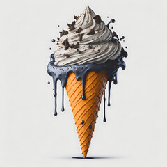 Melting Ice Cream Cone with Chocolate Shavings.
An eye-catching image of a melting ice cream cone, topped with whipped cream and chocolate shavings, dripping with dark syrup, isolated on a white backg