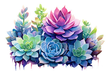 Vibrant Watercolor Succulent Arrangement.
Artistic illustration of a colorful succulent garden with a variety of shapes and shades, ideal for home decor, botanical artwork, or garden-themed designs, 
