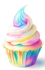 Watercolor Rainbow Cupcake Illustration.
Dreamy and vibrant watercolor cupcake with rainbow frosting, ideal for birthday cards, party invitations, and dessert menus.