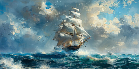 A pirate ship sails on stormy sea,