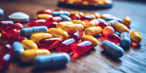 Assorted Medication Capsules on Wooden Texture.
A variety of colorful medication capsules on a wooden surface, symbolizing health care, prescription diversity, and pharmaceutical industry use.