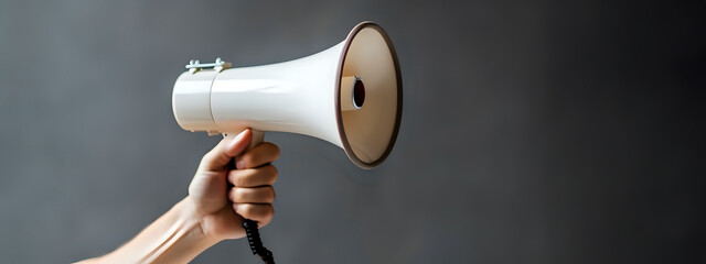 Hand Holding Megaphone on Dark Background.
A hand firmly holding a classic megaphone against a dark backdrop, ideal for concepts of announcement, leadership, and communication.