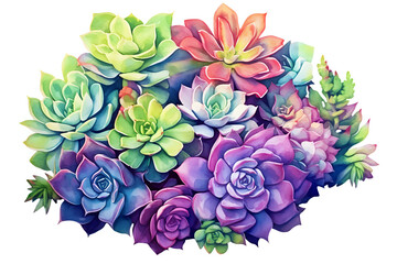 Vibrant Succulent Cluster Illustration.
A lush illustration of assorted succulents with vibrant colors, isolated on white, great for botanical art, home decor, and garden themes.