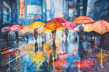 serene rainy day cityscape with umbrellas and vibrant reflections watercolor illustration