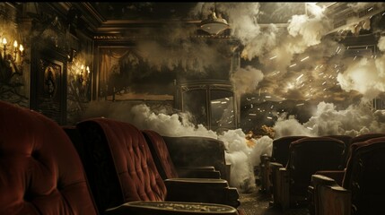 A movie theater with red chairs and a large cloud of smoke - obrazy, fototapety, plakaty