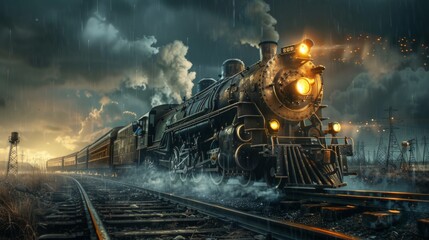 A steam train is traveling down the tracks in the rain - obrazy, fototapety, plakaty