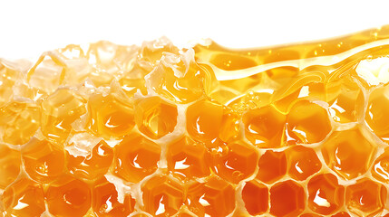A close-up of a honeycomb with honey dripping down.