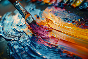 Fototapeta premium Close-up of a paintbrush gliding through a melody of bold oil colors. 