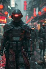 Naklejka premium Cyborg Mercenary Leads Enhanced Soldiers Against Rogue Warlord's Robotic Army in Neon-Lit Cityscape