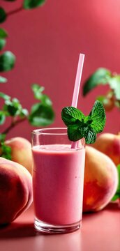  glass of fresh pink smoothy on a background of peaches and mint leaves with copy space on top the image