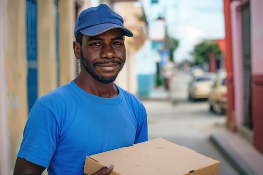 Delivery man holding a box, pizza delivery man, concept of delivery, transportation, logistics.