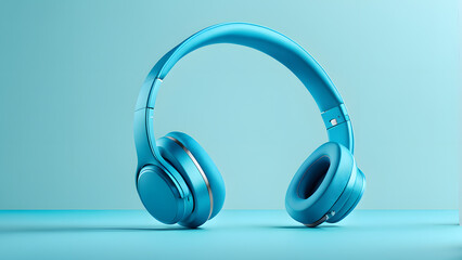 A pair of blue headphones are displayed on a blue background