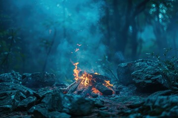 Mystical forest with big rocks around a bonfire, fantasy concept. - obrazy, fototapety, plakaty