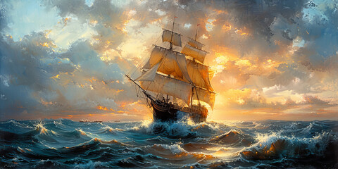 A pirate ship sails on stormy sea, - obrazy, fototapety, plakaty