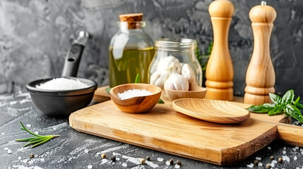 A wooden cutting board with a variety of spices and herbs on it. The spices include salt, pepper, and garlic