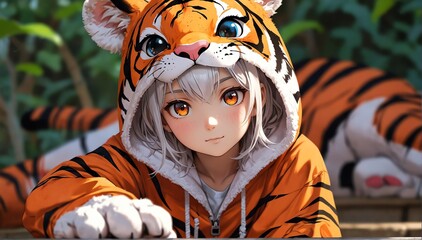 cute girl in tiger costume anime cartoon portrait from Generative AI