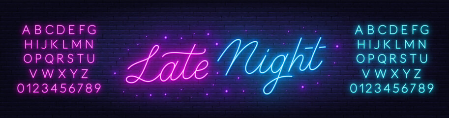 Obraz premium Late Night Neon Sign on brick wall background.