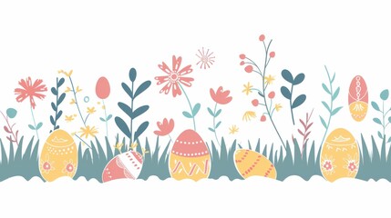 Brightly colored Easter eggs and vibrant spring flowers scattered across a lush green grassy field on a clean white background
