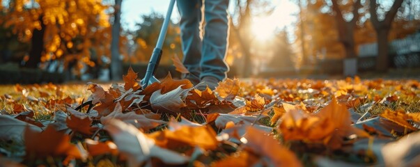 Collection of fallen leaves in autumn park. Raking leaves with a rake. Volunteering and seasonal gardening concept. - obrazy, fototapety, plakaty