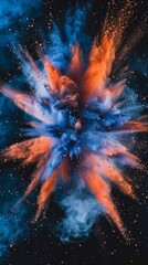 Colorful powder explosion in radial motion. Abstract speed concept in vibrant orange and blue hues on a black background.
