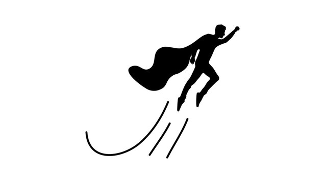 Superhero emblem, young man in a raincoat flying, black isolated silhouette