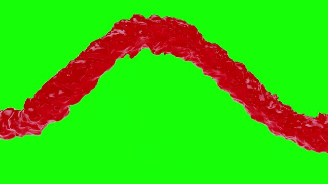 Set of 3d animation red flowing stream liquid wine, blood, juice or paint isolated on green chroma key. Set different realistic splashes elements. Realistic 4k digital motion footage.
