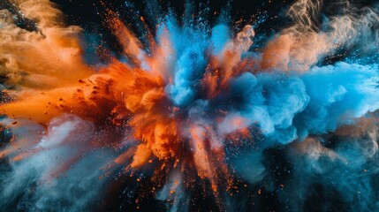 Colorful powder explosion in radial motion. Abstract speed concept in vibrant orange and blue hues on a black background. - obrazy, fototapety, plakaty