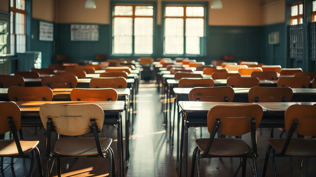 An empty classroom with rows of wooden desks and chairs, representing the start or end of school season. Generative Ai Image.