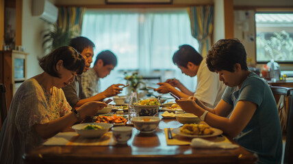 Family Fragmentation: Illustration of Dinner Table Dynamics, where Smartphones Compete with Mealtime Conversations, Emblematic of Today's Attention Economy