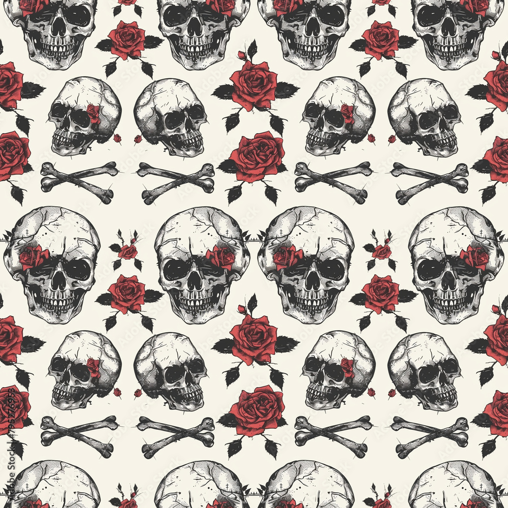 Wall mural Rustic skull and roses hand-drawn pattern, perfect for fabric, wallpaper, and poster designs