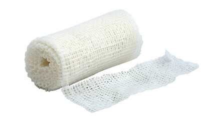 White gauze bandage on a white background for product photography with a front view in high definition. The photograph is in the style of a front view product shot
