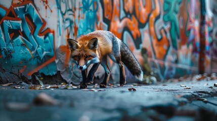 Red fox prowls in front of colorful graffiti wall with a focused and determined gaze