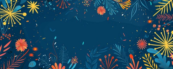 Vibrant and colorful fireworks illustration bursting in celebration against a deep blue background, offering ample space for text.