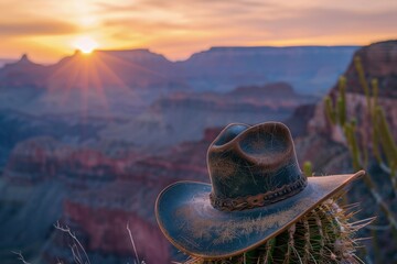 Cowboy hat on top of a cactus, canyon with sunset in the background, wild west concept.
