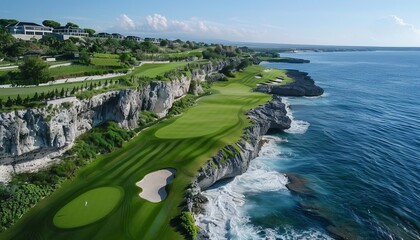 Picturesque golf course on clifftops with iconic rock arches, lush greens, and stunning ocean vistas