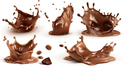 A collection of realistic illustrations of melted chocolate cream with splashes isolated on a white background, suitable for showcasing delicious food products. Generative AI.