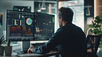 Business Trends Analysis: Executive Man Examining Data on Computer Screen with Charts and Pie Charts