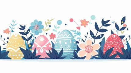 Colorful Easter Eggs in Spring Grass with Flowers and Leaves on White Background
