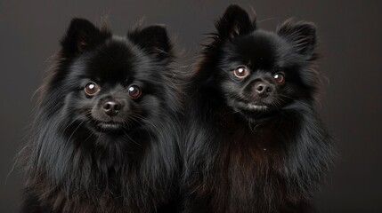 Two black dogs sitting together with fluffy coats and large eyes