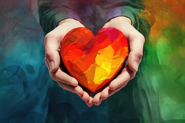 Artistic hands cradle a vibrant, multicolored heart against a backdrop of abstract hues. Colorful Heart Held in Hands Abstract Art