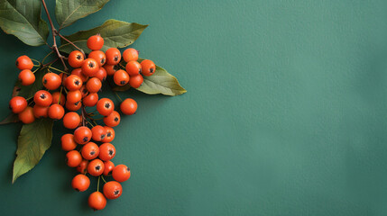 Bunches of ripe rowan on green background
