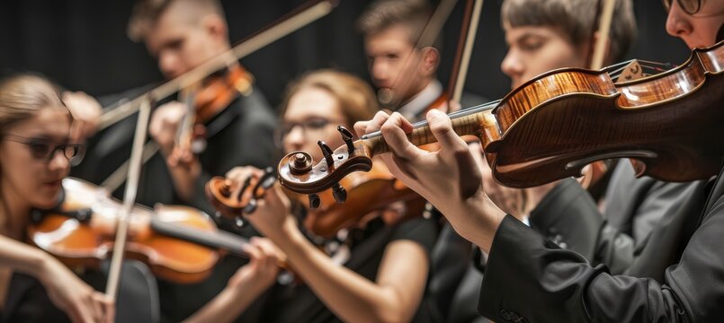 Symphonic orchestra performing classical music concert live on stage with professional musicians