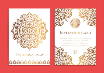 Gold and white invitation card design with vector mandala pattern. Vintage ornament template. Can be used for background and wallpaper. Elegant and classic vector elements great for decoration.