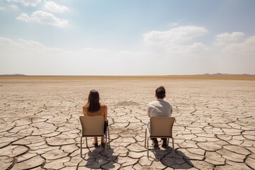 A man and woman sit on chairs facing a seemingly endless, cracked desert, contemplating the vastness before them. Couple Contemplating Vast Desert Landscape - obrazy, fototapety, plakaty