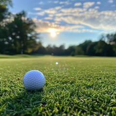 A close up of a golf ball on a green fairway with the sun setting in the background.