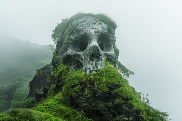 Stone hill in the shape of a giant skull on a pirate island, fantasy concept. - obrazy, fototapety, plakaty